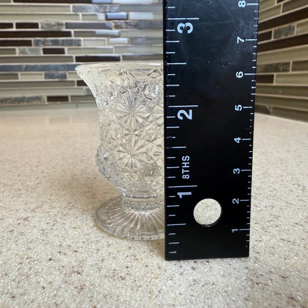 VTG Clear Pressed Glass Pedestal Toothpick Holder Starburst Pattern 2.5